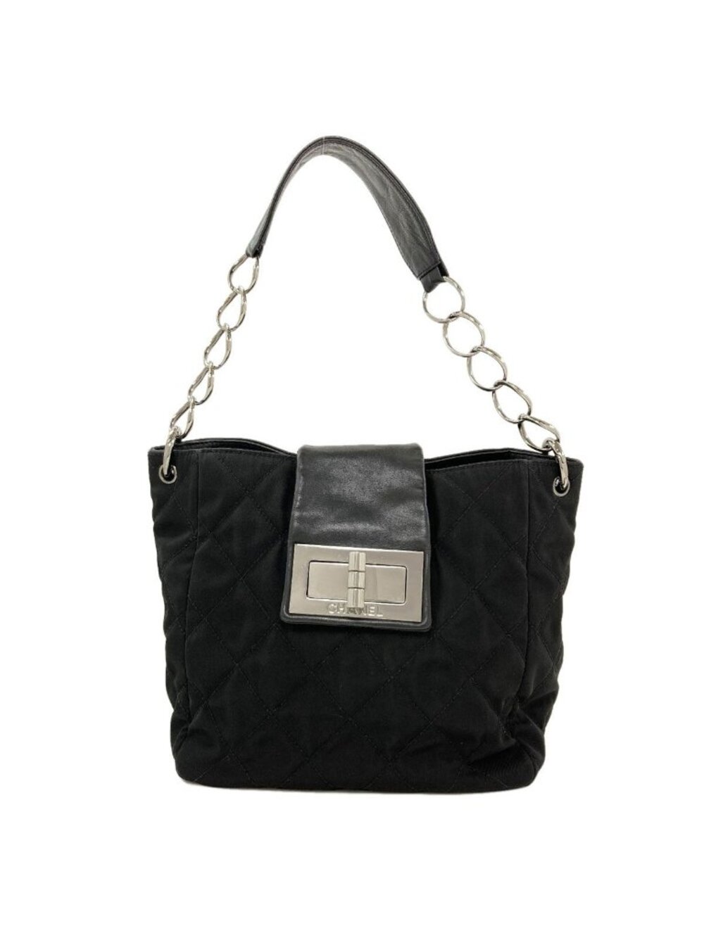 Chanel Quilted Shoulder Silver Bag Nylon Calf